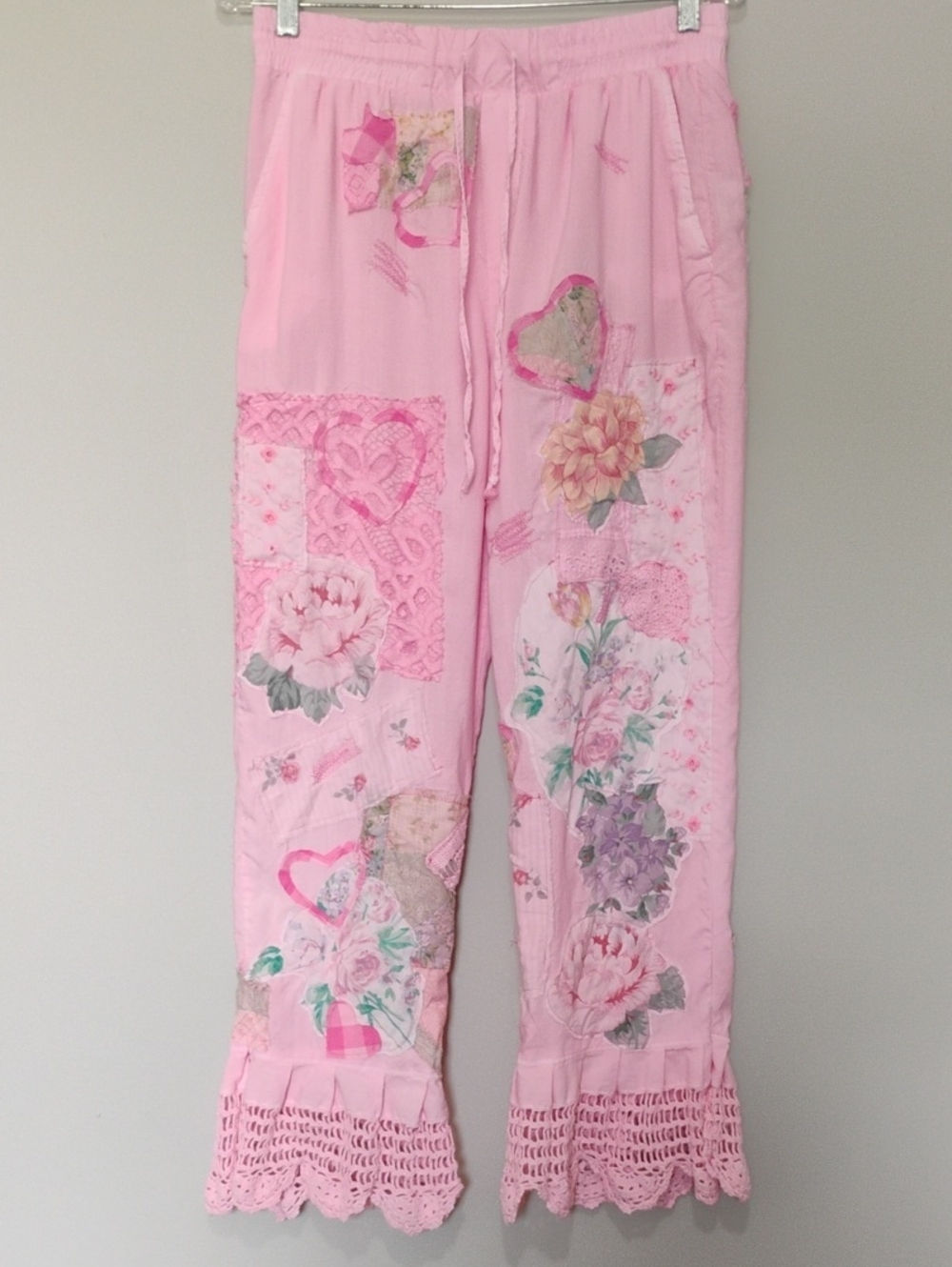 Upcycled Pink Patchwork Bloomer Pants Lace Trim, Cottagecore Floral Applique - Picture 2 of 11